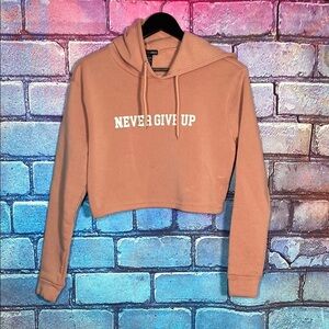 Women's Pink Hoodie - "Never Give Up" Size Large Cropped Love Streak Sweatshirt